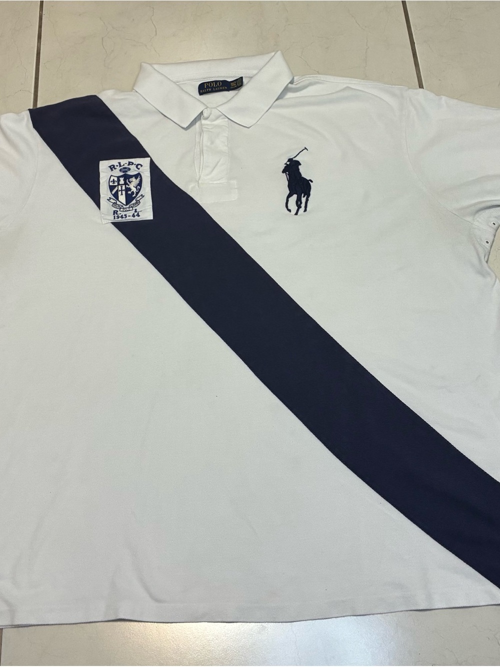 Polo Ralph Lauren Crest Big Pony Men Large 3XL Classic Fit White Blue Polo Shirt